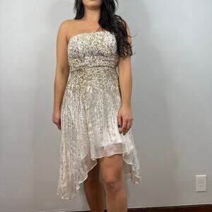 Sherri Hill White Gold & Silver Sequin Waterfall Strapless Dress